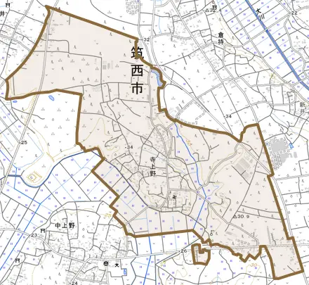 寺上野とその周辺の地図。町の範囲を重ねている