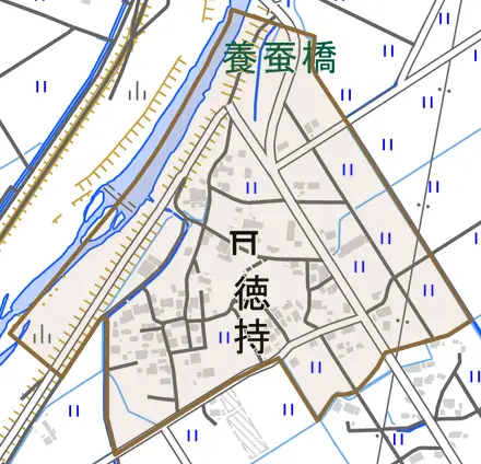 徳持とその周辺の地図。町の範囲を重ねている
