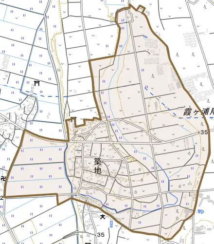 築地とその周辺の地図。町の範囲を重ねている