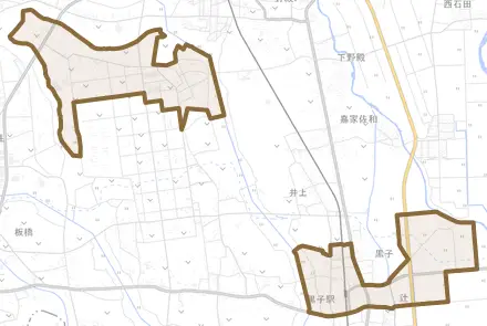辻とその周辺の地図。町の範囲を重ねている