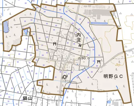 内淀とその周辺の地図。町の範囲を重ねている
