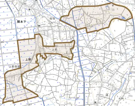 上野とその周辺の地図。町の範囲を重ねている