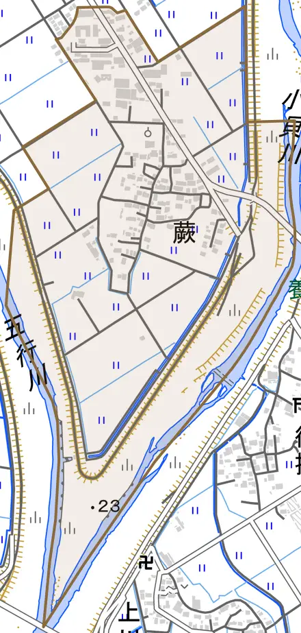 蕨とその周辺の地図。町の範囲を重ねている