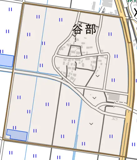 谷部とその周辺の地図。町の範囲を重ねている