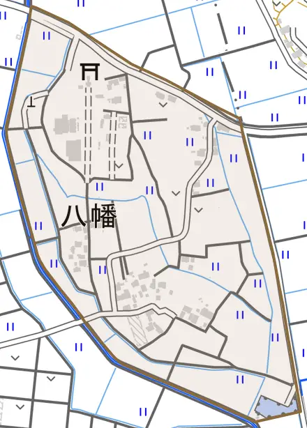 八幡とその周辺の地図。町の範囲を重ねている