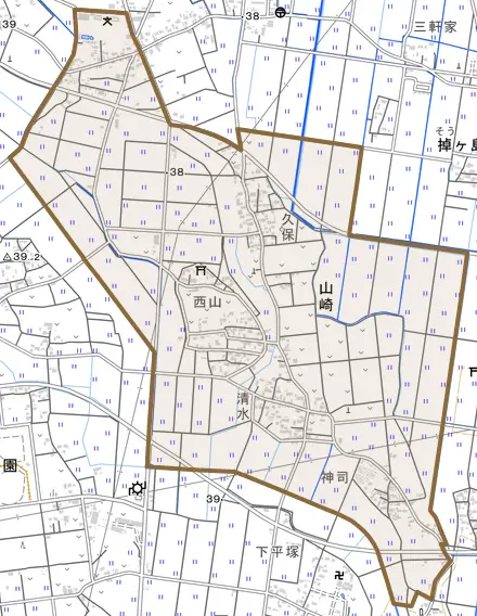 山崎とその周辺の地図。町の範囲を重ねている