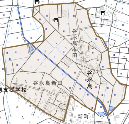 谷永島とその周辺の地図。町の範囲を重ねている