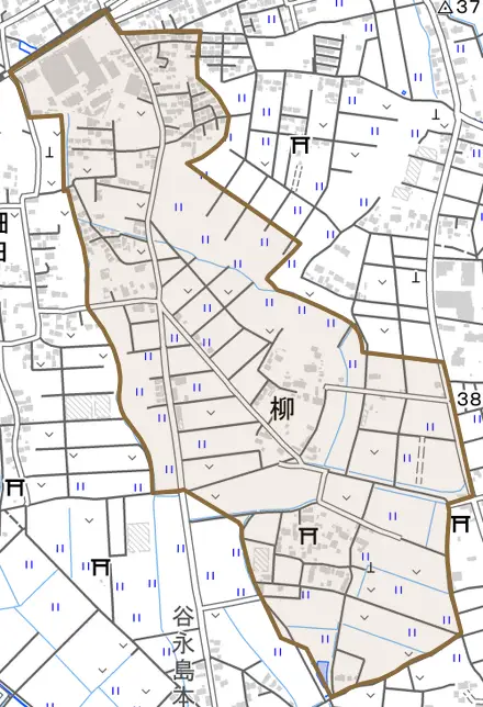柳とその周辺の地図。町の範囲を重ねている