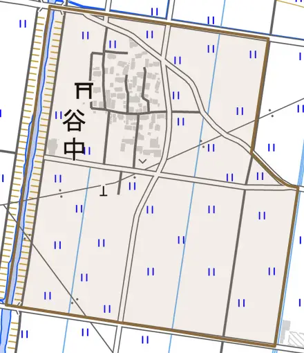 谷中とその周辺の地図。町の範囲を重ねている