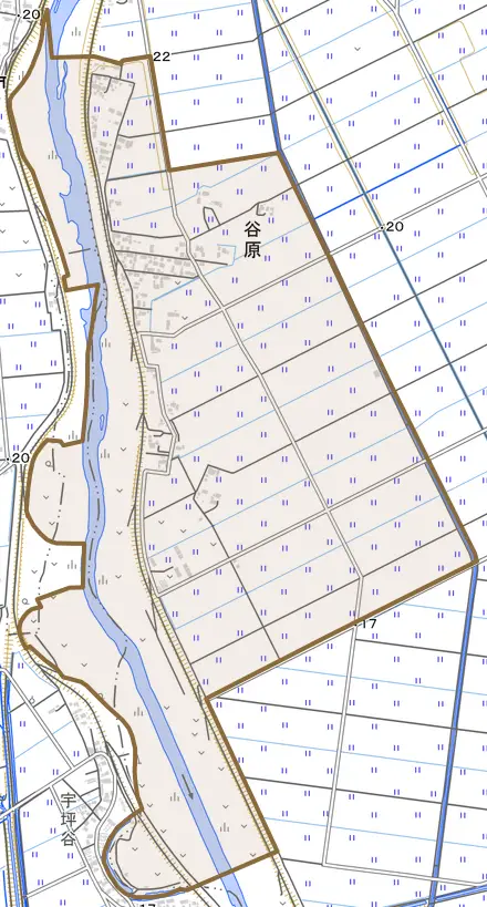 谷原とその周辺の地図。町の範囲を重ねている