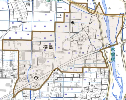 横島とその周辺の地図。町の範囲を重ねている