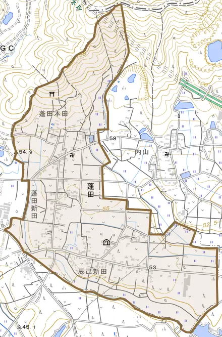 蓬田とその周辺の地図。町の範囲を重ねている