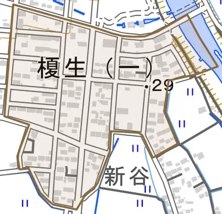 榎生とその周辺の地図。町の範囲を重ねている