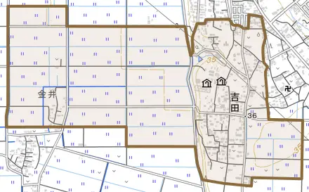 吉田とその周辺の地図。町の範囲を重ねている
