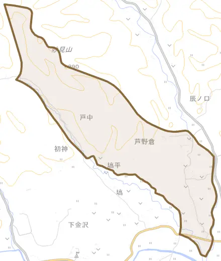 大字芦野倉とその周辺の地図。町の範囲を重ねている