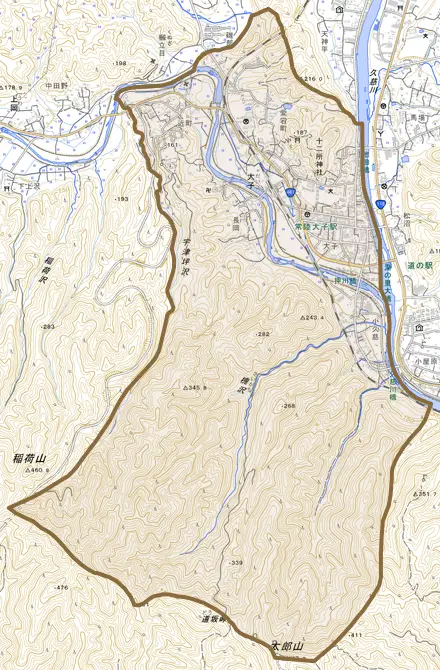 大字大子とその周辺の地図。町の範囲を重ねている