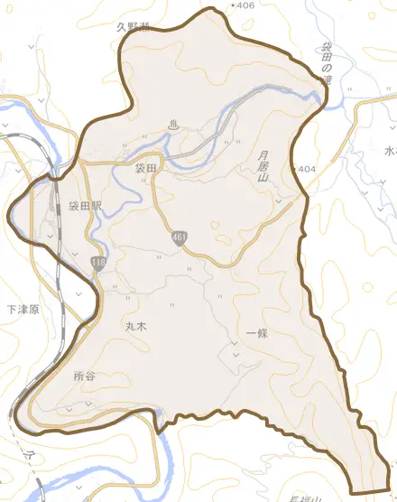 大字袋田とその周辺の地図。町の範囲を重ねている