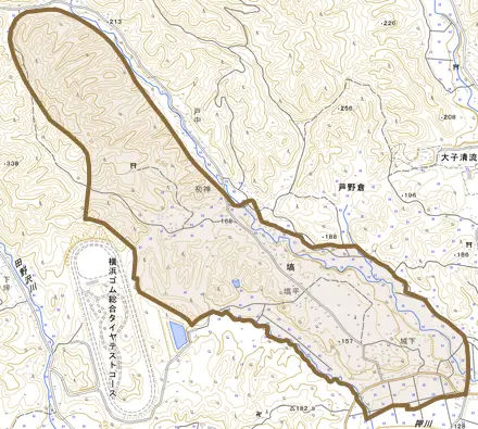 大字塙とその周辺の地図。町の範囲を重ねている