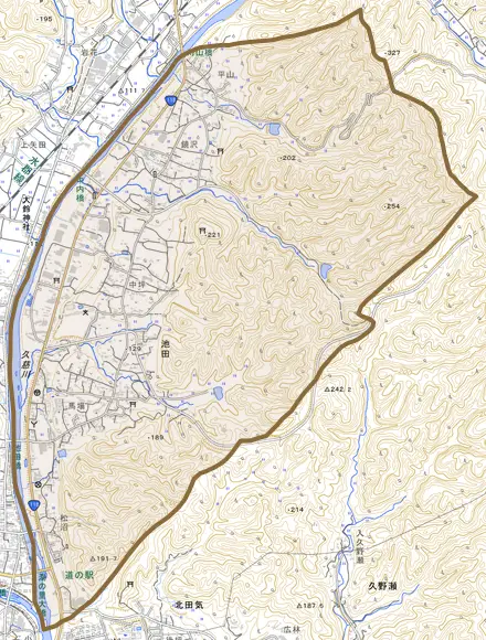 大字池田とその周辺の地図。町の範囲を重ねている