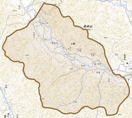 大字上郷とその周辺の地図。町の範囲を重ねている