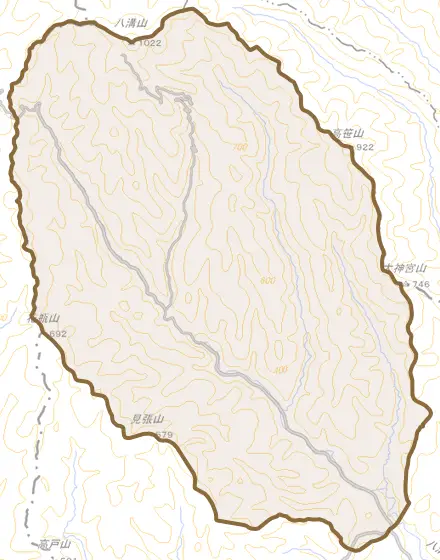 大字上野宮とその周辺の地図。町の範囲を重ねている