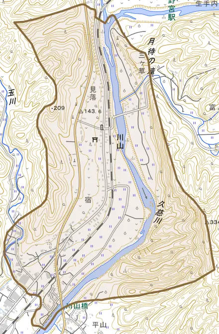 大字川山とその周辺の地図。町の範囲を重ねている