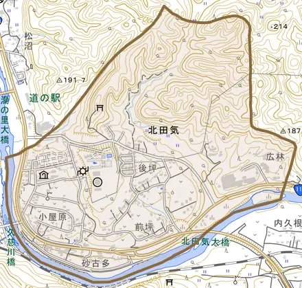 大字北田気とその周辺の地図。町の範囲を重ねている