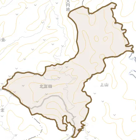 大字北富田とその周辺の地図。町の範囲を重ねている