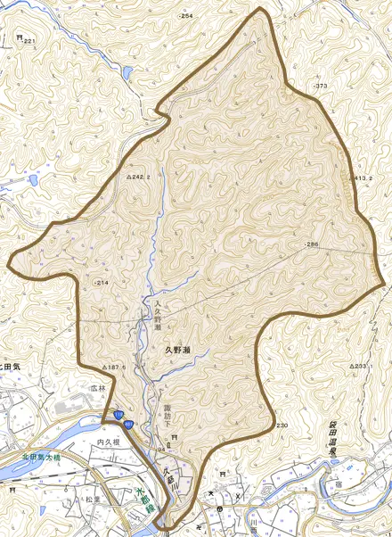 大字久野瀬とその周辺の地図。町の範囲を重ねている