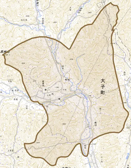 大字町付とその周辺の地図。町の範囲を重ねている