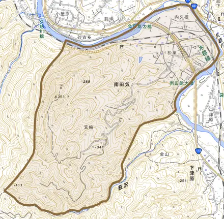 大字南田気とその周辺の地図。町の範囲を重ねている