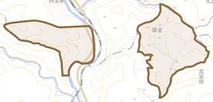 大字盛金とその周辺の地図。町の範囲を重ねている