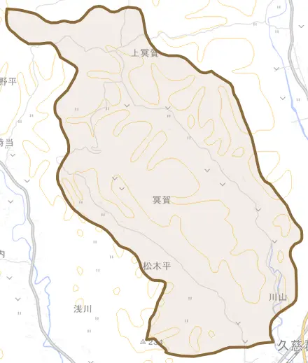 大字冥賀とその周辺の地図。町の範囲を重ねている