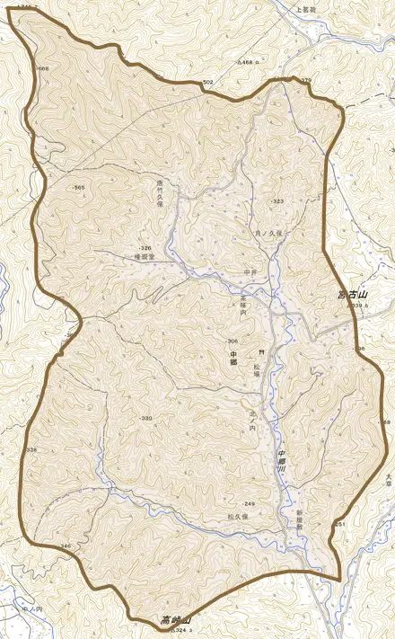 大字中郷とその周辺の地図。町の範囲を重ねている