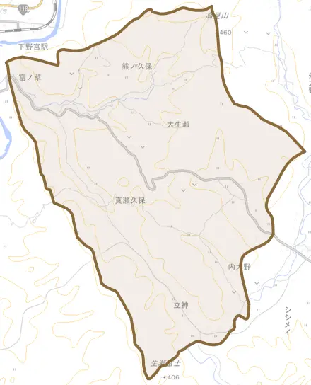 大字大生瀬とその周辺の地図。町の範囲を重ねている