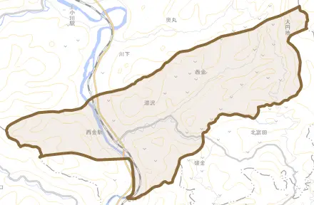 大字西金とその周辺の地図。町の範囲を重ねている