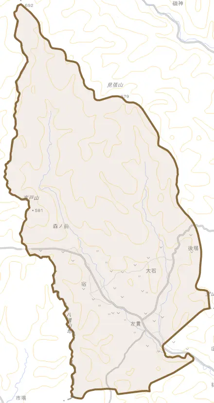 大字左貫とその周辺の地図。町の範囲を重ねている