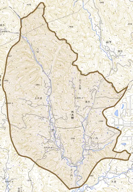 大字外大野とその周辺の地図。町の範囲を重ねている