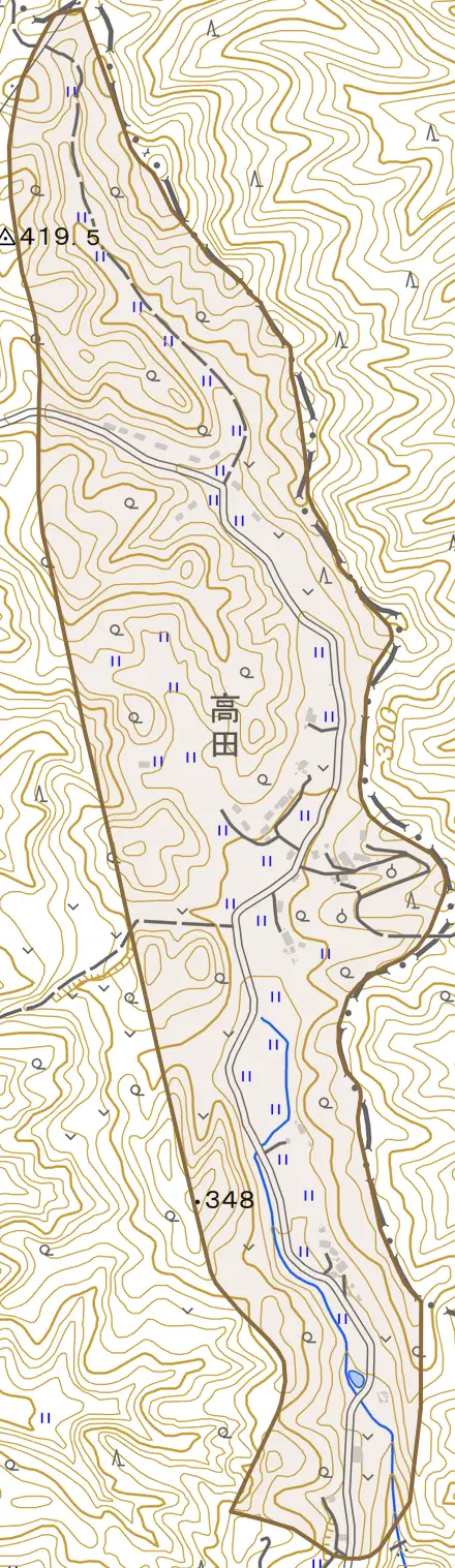 大字高田とその周辺の地図。町の範囲を重ねている