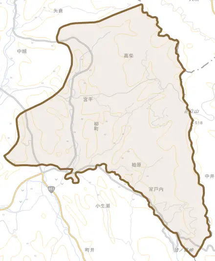 大字高柴とその周辺の地図。町の範囲を重ねている