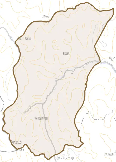大字栃原とその周辺の地図。町の範囲を重ねている
