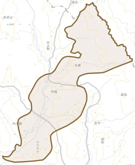大字内大野とその周辺の地図。町の範囲を重ねている