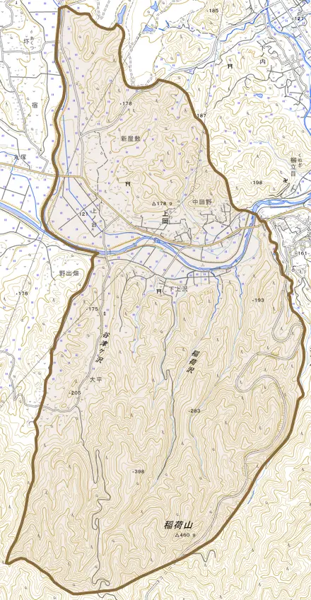 大字上岡とその周辺の地図。町の範囲を重ねている
