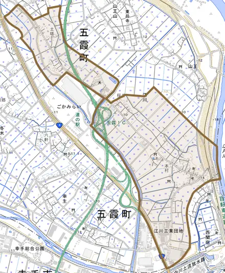 大字江川とその周辺の地図。町の範囲を重ねている