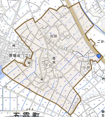 大字冬木とその周辺の地図。町の範囲を重ねている