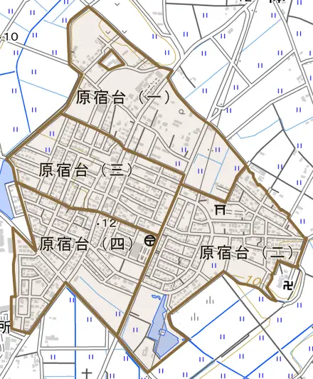 原宿台とその周辺の地図。町の範囲を重ねている