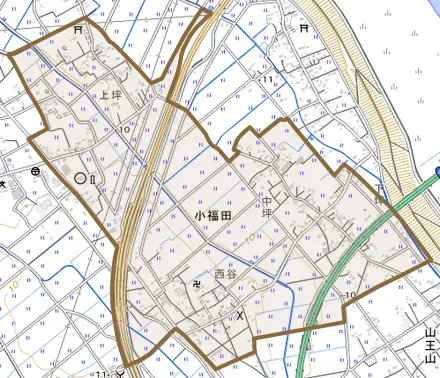 大字小福田とその周辺の地図。町の範囲を重ねている