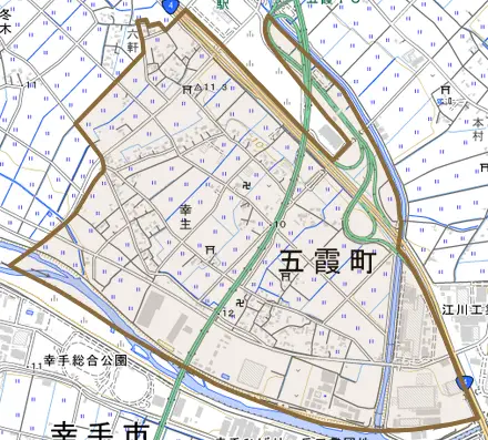 大字幸主とその周辺の地図。町の範囲を重ねている