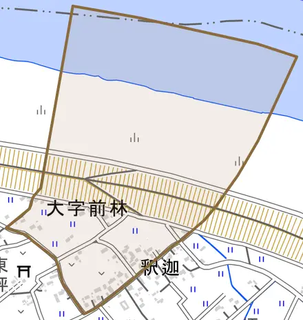 大字前林とその周辺の地図。町の範囲を重ねている