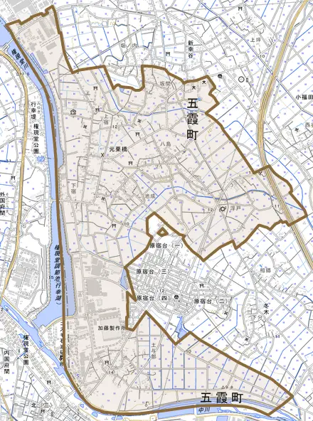 大字元栗橋とその周辺の地図。町の範囲を重ねている